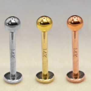 14K-LAB-ALL-COLOR Labret Stud Lip Piercing in 14K Gold, Rose Gold and White Gold Body Jewellery for Tragus, Ashley, Cartilage