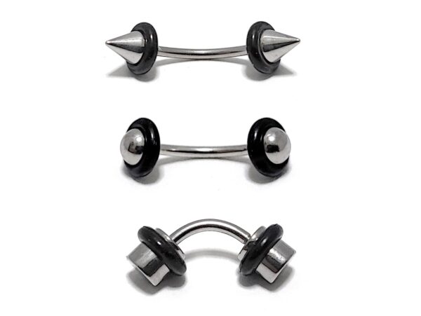BAN-CON-CYL-BAL-ALL-2 Titanium Spike Eyebrow Stud, Lip Piercings - Cone/Ball/Cylinder 16 gauge Curved Bar with Rubber O-ring - Also Piercing for Rook Earring