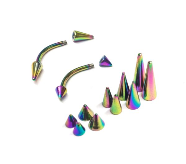 BAN-RBOW-CONE-SPIKE-RANGE Titanium Rainbow Eyebrow Piercing Jewelry Titanium Cone/Spike Curved Bar 16g 14g Top part with Different sizes - Body Piercing, Anti-Eyebrow