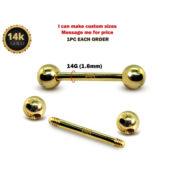 14K Gold Barbell Piercing Tongue Bar, 16G 14G Nipples Jewellery , Cartilage Earrings with Stamp Certified real Gold - Image 2