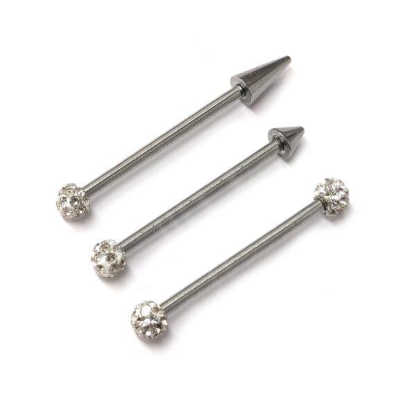 BAR-SS-SHAM-BAL-CONE-SPIKE_0fa5029e-8f4f-46d8-8ba5-f5d50c1a52c4 Ball/Cone/Spike Upper Ear Industrial 14G Barbell with Disco Ball Crystals - Titanium Ear Piercing Straight Barbell 34mm to 44mm