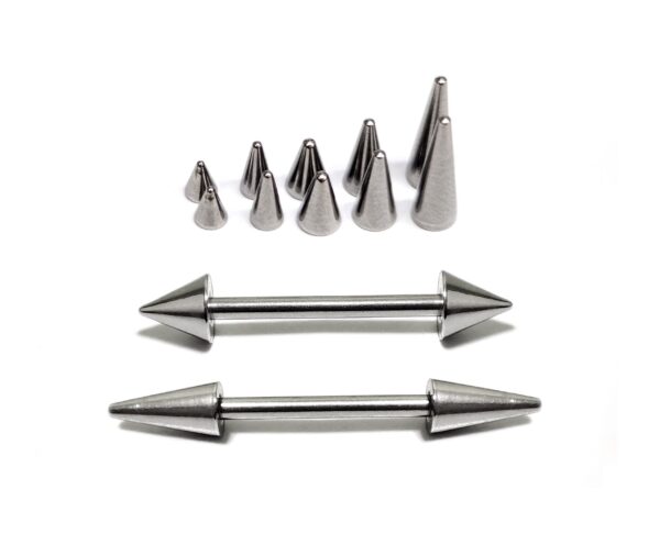 BAR-SS-SPIKE-CONE-NIPPLE Cone / Spike Nose Bridge Barbell Piercing Studs 18g 16g 14g Titanium Straight Barbell Upper Nose Piercing - Choose Spike and Cone Size