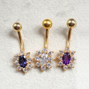BELPIERCE002-GD 14K Gold Flower Belly Button Ring with Precious Stone Crystal Belly Ring - Belly Bar made of Fine Jewelry Hand Set and Hand Polished