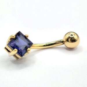 14K Solid Gold Belly Button Ring with Diamond Semi and Precious Stone- Hand Made 14K Gold Belly Bar for that very special Person