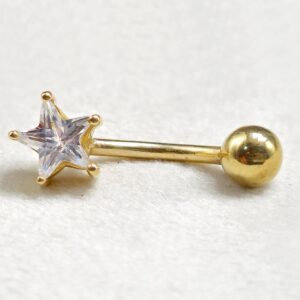 14K Solid Gold Belly Button Ring - Star Shape Crystal Belly Ring - Gold Belly Bar made of 14K Gold - Fine Jewelry Hand Set and Hand Polished