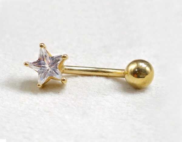 BELPIERCE014-GD-1 14K Solid Gold Belly Button Ring - Star Shape Crystal Belly Ring - Gold Belly Bar made of 14K Gold - Fine Jewelry Hand Set and Hand Polished