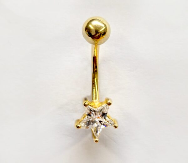 BELPIERCE014-GD 14K Solid Gold Belly Button Ring - Star Shape Crystal Belly Ring - Gold Belly Bar made of 14K Gold - Fine Jewelry Hand Set and Hand Polished