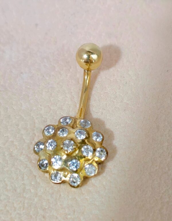 BELPIERCE023-GD-2 14K Solid Gold Belly Button Ring Flower - Studded with Crystal Belly Ring - Hand Made 14K Gold Belly Bar for that very special Person