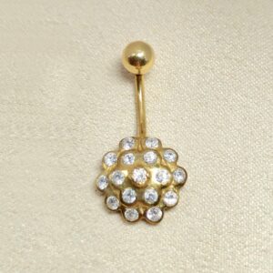 BELPIERCE023-GD 14K Solid Gold Belly Button Ring Flower - Studded with Crystal Belly Ring - Hand Made 14K Gold Belly Bar for that very special Person