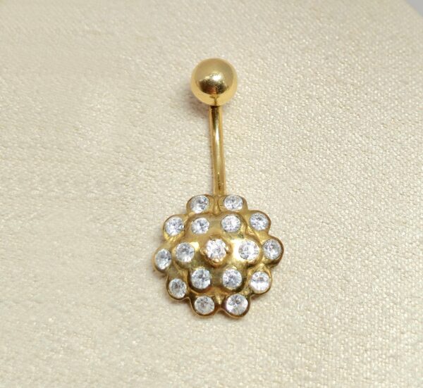 BELPIERCE023-GD 14K Solid Gold Belly Button Ring Flower - Studded with Crystal Belly Ring - Hand Made 14K Gold Belly Bar for that very special Person