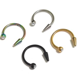 CBB-COL-GEM-SPIKE Horseshoe Lip Ring with Clear Gem Ball and Spike - Titanium 18g 16g 14g Lip Hugger Piercing, Canine Bites, Shark Bites, Lip Jewelry