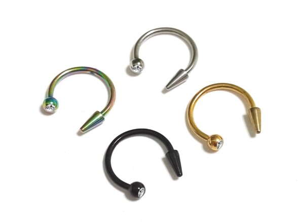 Horseshoe Lip Ring with Clear Gem Ball and Spike - Titanium 18g 16g 14g Lip Hugger Piercing, Canine Bites, Shark Bites, Lip Jewelry