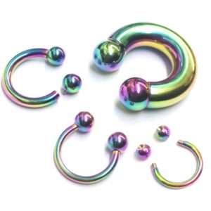 CBB-RBOW-INT-EX-TIT Titanium Horseshoe Ring Piercing 18g to 00g Rainbow Septum Jewelry Bull Piercing Also for Nipple, PA Ring, Lips Internal / External Threaded