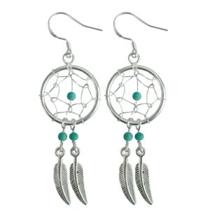 DREAMCATCHEREARTURQ_1e9baa35-af78-46c9-b36a-44b75f49959f Silver Dreamcatcher Feather Dangle Drop Earrings - Native American Amulet Protection with Genuine Stone Beads