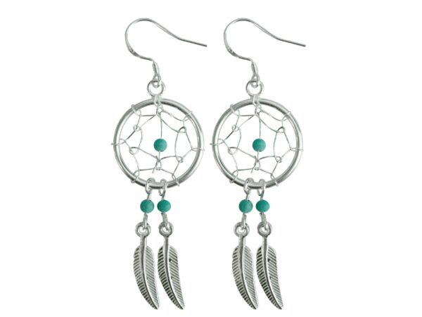 Silver Dreamcatcher Feather Dangle Drop Earrings - Native American Amulet Protection with Genuine Stone Beads