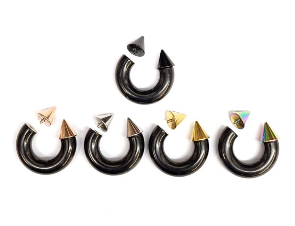 INT-CBB-BIG-SPIKE-BL-COMBINATION Titanium Black Spike Septum Piercing Internally Threaded Horseshoe Barbell CBB/BCR Big Gauge Septum Ring, PA Ring Combination - British Standard