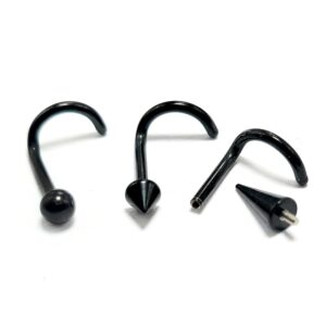 INT-NOSE-SCREW-BL-ALL Titanium Black Nose Screw, Nostril Jewelry - 18G Internally Threaded in Ball Spike and Cones