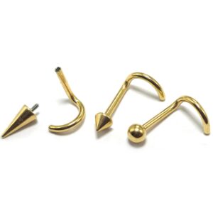 INT-NOSE-SCREW-GD-ALL Titanium Gold Nose Stud Screw, Nostril Jewelry - 18G Internally Threaded in Ball Spike and Cones