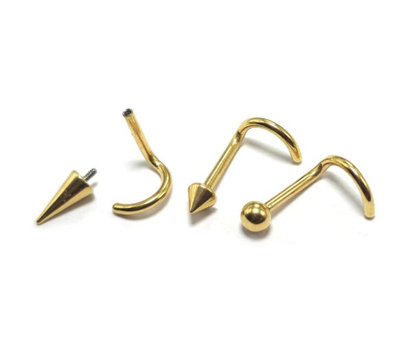 Titanium Gold Nose Stud Screw, Nostril Jewelry - 18G Internally Threaded in Ball Spike and Cones