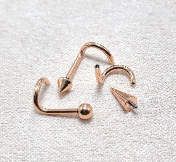 INT-NOSE-SCREW-RG-ALL-1 Titanium Rose Gold Nose Piercing Screw, Nostril Jewellery - 18G Internally Threaded in Ball Spike and Cones