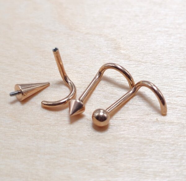 INT-NOSE-SCREW-RG-ALL-2 Titanium Rose Gold Nose Piercing Screw, Nostril Jewellery - 18G Internally Threaded in Ball Spike and Cones