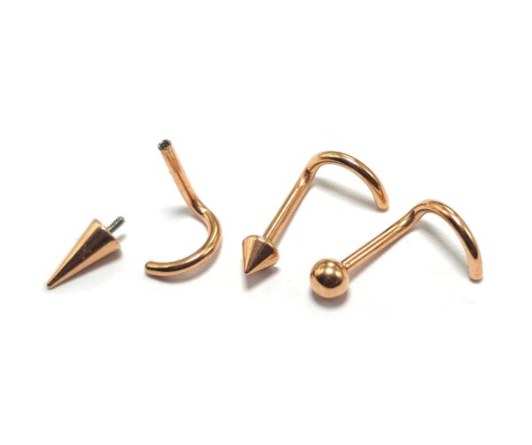 INT-NOSE-SCREW-RG-ALL Titanium Rose Gold Nose Piercing Screw, Nostril Jewellery - 18G Internally Threaded in Ball Spike and Cones