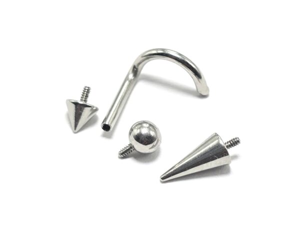 INT-NOSE-SCREW-SIL-ALL-2 Titanium Nostril Nose Piercing, Nose Screw - 18G Internally Threaded in Ball Spike and Cones