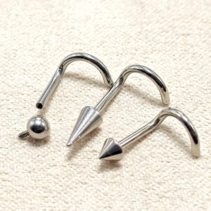 INT-NOSE-SCREW-SIL-ALL Titanium Nostril Nose Piercing, Nose Screw - 18G Internally Threaded in Ball Spike and Cones