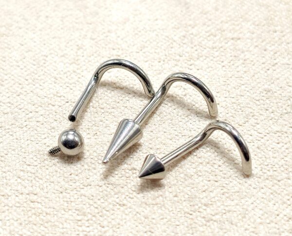 INT-NOSE-SCREW-SIL-ALL Titanium Nostril Nose Piercing, Nose Screw - 18G Internally Threaded in Ball Spike and Cones