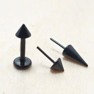 LAB-THREADLESS-BL-SPIKE Titanium Threadless Spike Black Labret Stud Piercing 18g 16g Lip Piercing Jewelry, Tragus Helix Cartilage Madonna Medusa Side Labret