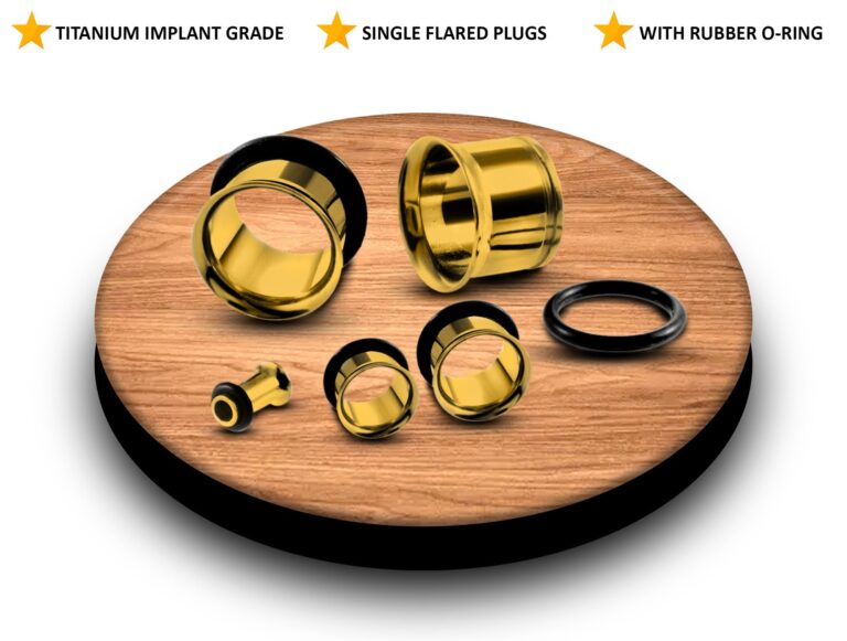 Gold Ear Stretching Kit, Titanium Single Flared Plugs, Tunnel Jewelry with Rubber O-ring - 2mm to 24mm Size - Ear Gauges, Ear Plugs