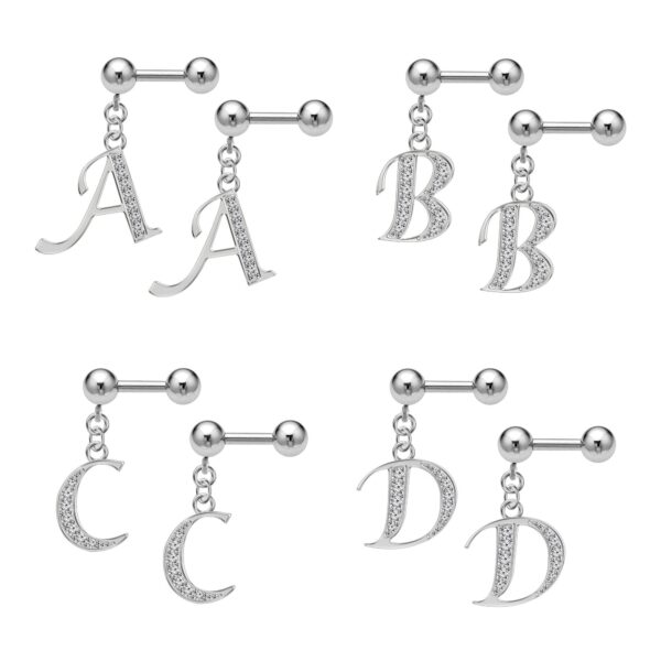 Helix Earrings, Barbell Charm - 16g Barbell Studs with Silver Dangle Alphabet A-Z Charm - Piercing for Rook, Industrial Bar, Tragus