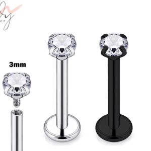 Tragus Earring, Flat Back Cartilage Earring with Prong Set Round CZ Crystal Piercing for 16g Labret Monroe Lip Ring Helix Rook Earring Stud