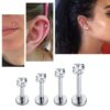 Tragus Earring, Flat Back Cartilage Earring with Prong Set Round CZ Crystal Piercing for 16g Labret Monroe Lip Ring Helix Rook Earring Stud