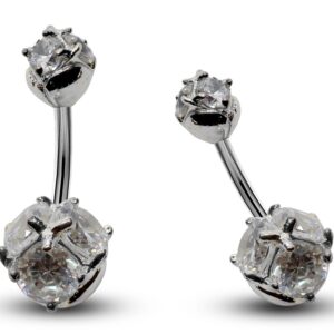 Silver Belly Bars, Navel Ring - Triple Round Crystal Belly Piercing - Prong Setting - Navel Jewelry - 14g (1.6mm) Length is 8mm - 12mm