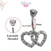 Silver Belly Bars, Belly Piercing - Double Heart Belly Ring with High Quality Oval CZ Crystals - Navel Jewelry - 14g (1.6mm) Length is 10mm