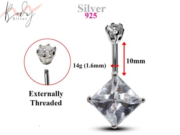 Silver Belly Bars, Belly Piercing - Diamond Shape Belly Ring with High Quality Oval CZ Crystals - Navel Jewelry - 14g (1.6mm) Length is 10mm