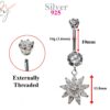 Silver Belly Bars, Navel Ring - Dangle Flower Belly Piercing with CZ Crystals - Navel Jewelry - 14g (1.6mm) Length is 10mm