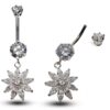 Silver Belly Bars, Navel Ring - Dangle Flower Belly Piercing with CZ Crystals - Navel Jewelry - 14g (1.6mm) Length is 10mm