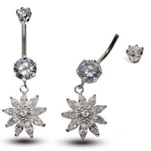 Silver Belly Bars, Navel Ring - Dangle Flower Belly Piercing with CZ Crystals - Navel Jewelry - 14g (1.6mm) Length is 10mm