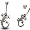 Silver Belly Button Piercing, Belly Bars - Gecko Lizard Belly Ring with High Quality CZ Crystals - Navel Ring - 14g (1.6mm) Length is 10mm