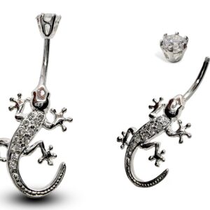 Silver Belly Button Piercing, Belly Bars - Gecko Lizard Belly Ring with High Quality CZ Crystals - Navel Ring - 14g (1.6mm) Length is 10mm