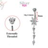 Silver Dangle Flower Belly Bars, Navel Ring - Drop Belly Ring with High Quality CZ Crystals - Curved Barbell - 14g (1.6mm) Length is 8mm