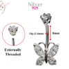 Silver Belly Bars, Navel Ring - Butterfly Belly Ring with High Quality CZ Crystals - Curved Barbell - 14g (1.6mm) Length is 8mm