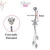 Silver Dangle Belly Bars, Navel Ring - Flower Dangle Belly Ring with Chain Drop CZ Crystals - Curved Barbell - 14g (1.6mm) Length is 8mm