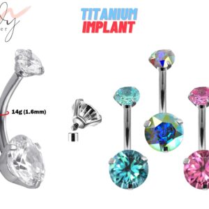 Titanium Belly Button Jewelry, Navel Jewelry - Round Prong Set Crystal Internally Threaded 14g Navel Bar Size 10mm - Double Gem Navel Ring