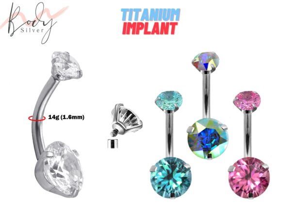 Titanium Belly Button Jewelry, Navel Jewelry - Round Prong Set Crystal Internally Threaded 14g Navel Bar Size 10mm - Double Gem Navel Ring