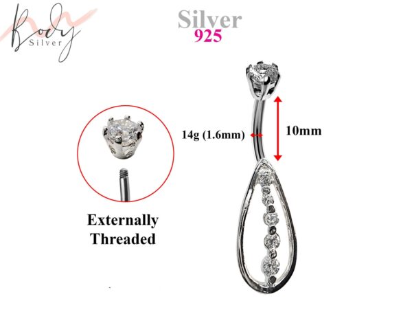 Silver Belly Button Piercing, Belly Bars - Tear Drop Belly Ring with Round Quality CZ Crystals - Navel Ring - 14g (1.6mm) Length is 10mm