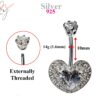 Silver Belly Button Piercing, Belly Bars - Heart Belly Ring Studded with Quality CZ Crystals - Navel Ring - 14g (1.6mm) Length is 10mm