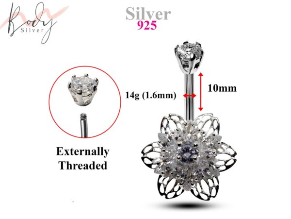 Silver Belly Button Piercing, Belly Bars - Flower Belly Ring with High Quality CZ Crystals - Navel Ring - 14g (1.6mm) Length is 10mm